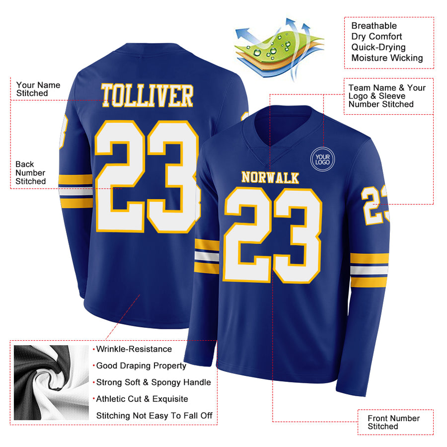 Custom Royal White-Gold Long Sleeve Authentic Football Jersey