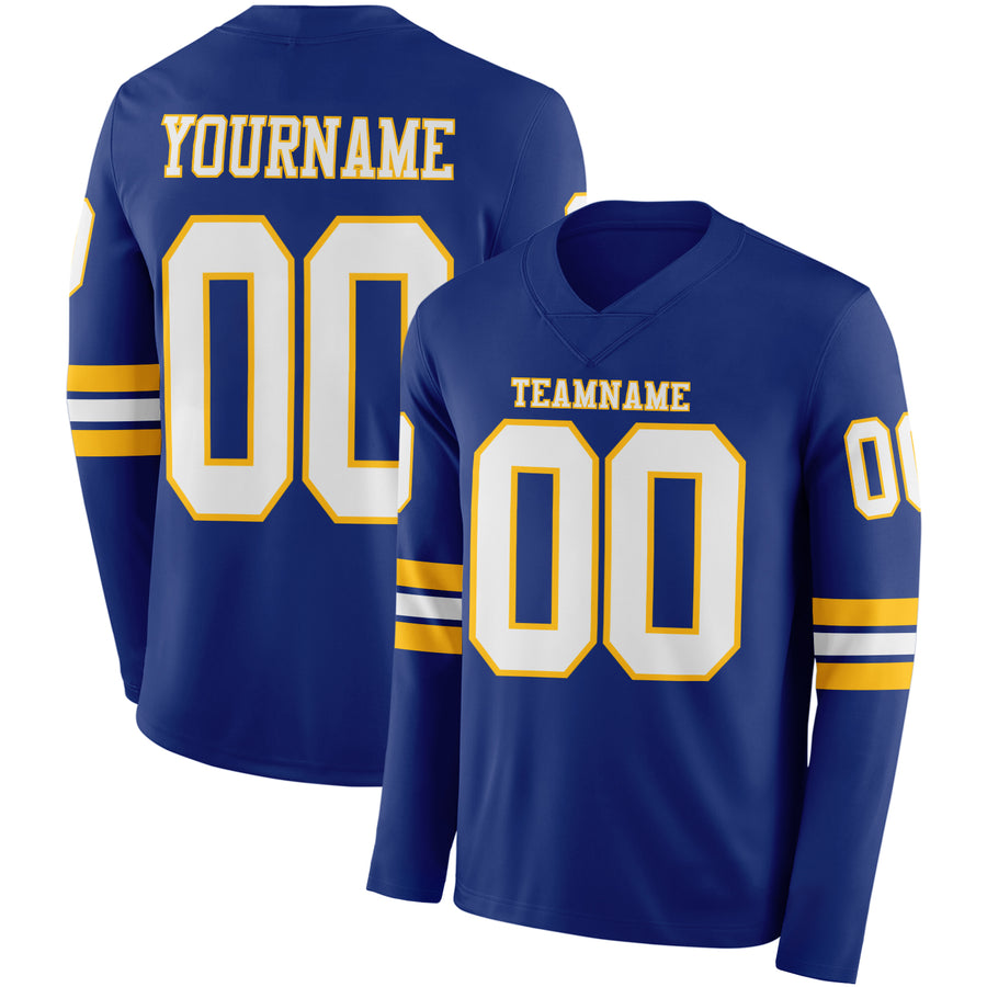 Custom Royal White-Gold Long Sleeve Authentic Football Jersey