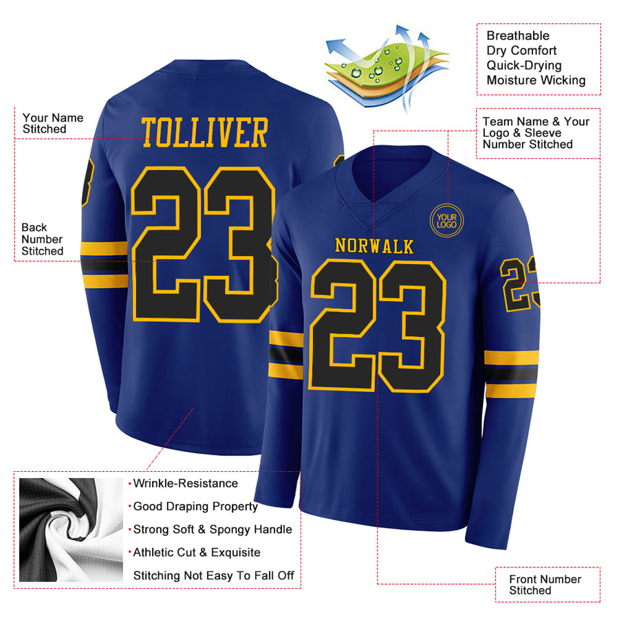 Custom Royal Black-Gold Long Sleeve Authentic Football Jersey