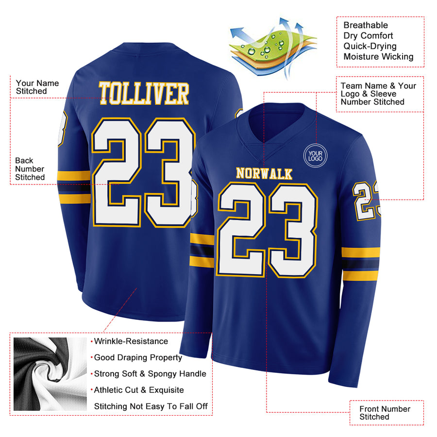 Custom Royal White Navy-Gold Long Sleeve Authentic Football Jersey