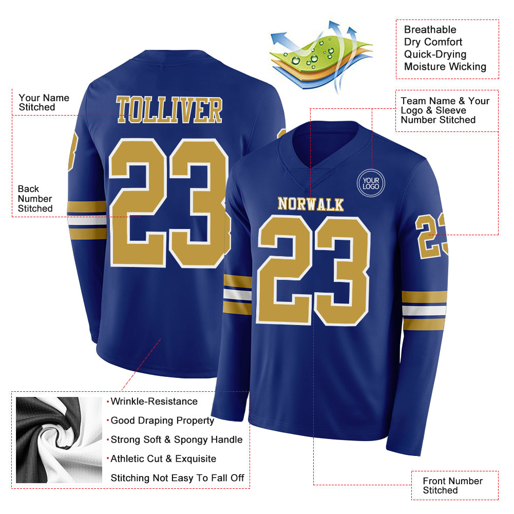Custom Royal Old Gold-White Long Sleeve Authentic Football Jersey