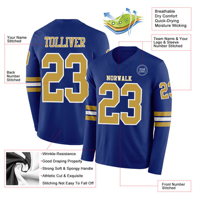 Custom Royal Old Gold-White Long Sleeve Authentic Football Jersey