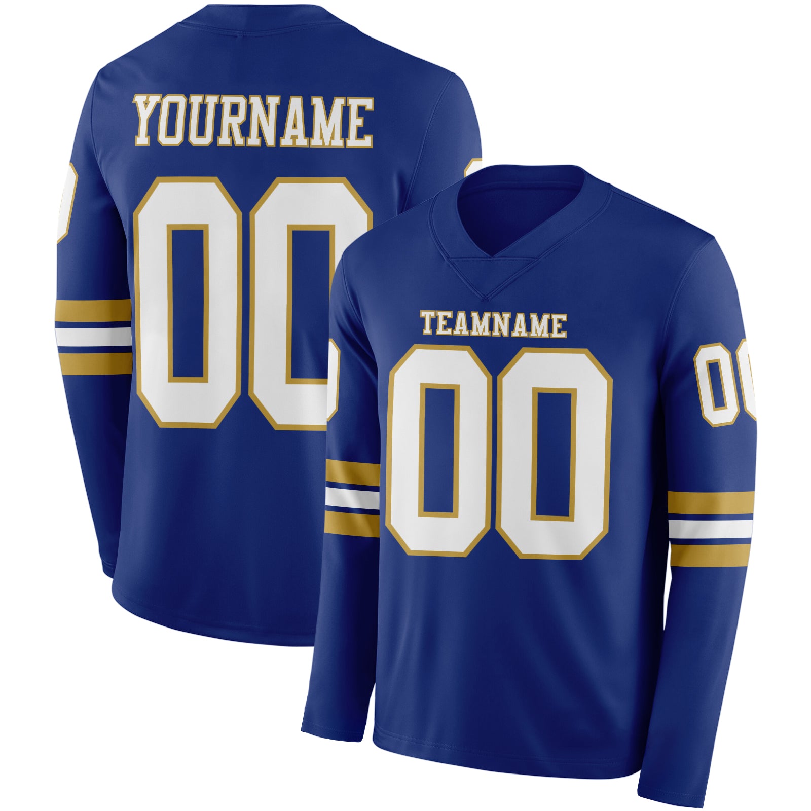Custom Royal White-Old Gold Long Sleeve Authentic Football Jersey