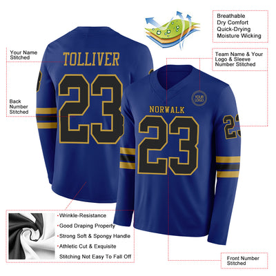 Custom Royal Black-Old Gold Long Sleeve Authentic Football Jersey