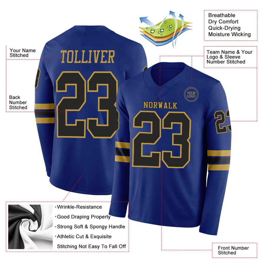 Custom Royal Black-Old Gold Long Sleeve Authentic Football Jersey