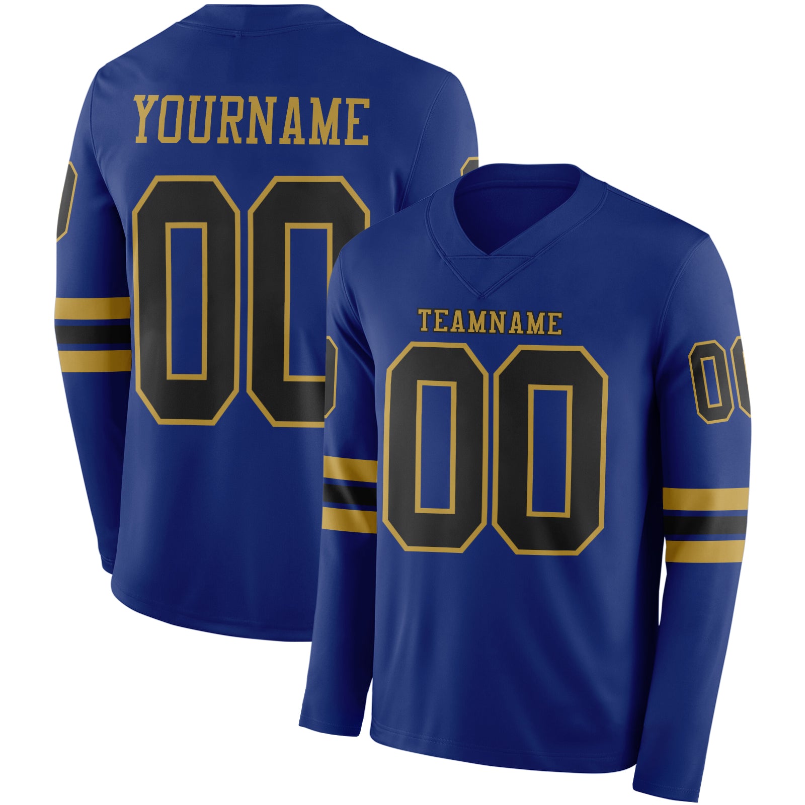 Custom Royal Black-Old Gold Long Sleeve Authentic Football Jersey