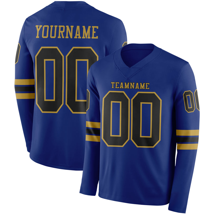 Custom Royal Black-Old Gold Long Sleeve Authentic Football Jersey