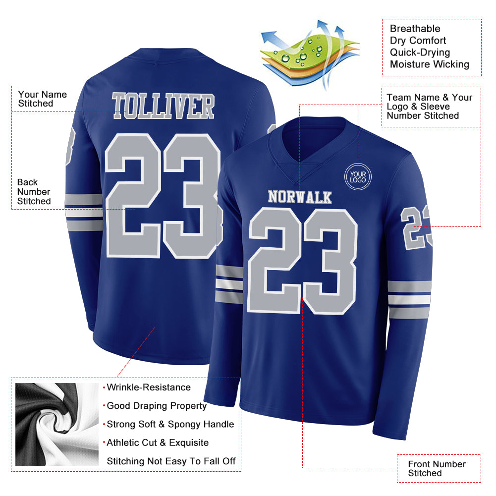 Custom Royal Gray-White Long Sleeve Authentic Football Jersey