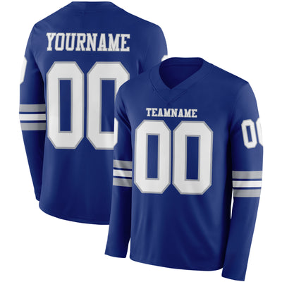 Custom Royal White-Gray Long Sleeve Authentic Football Jersey