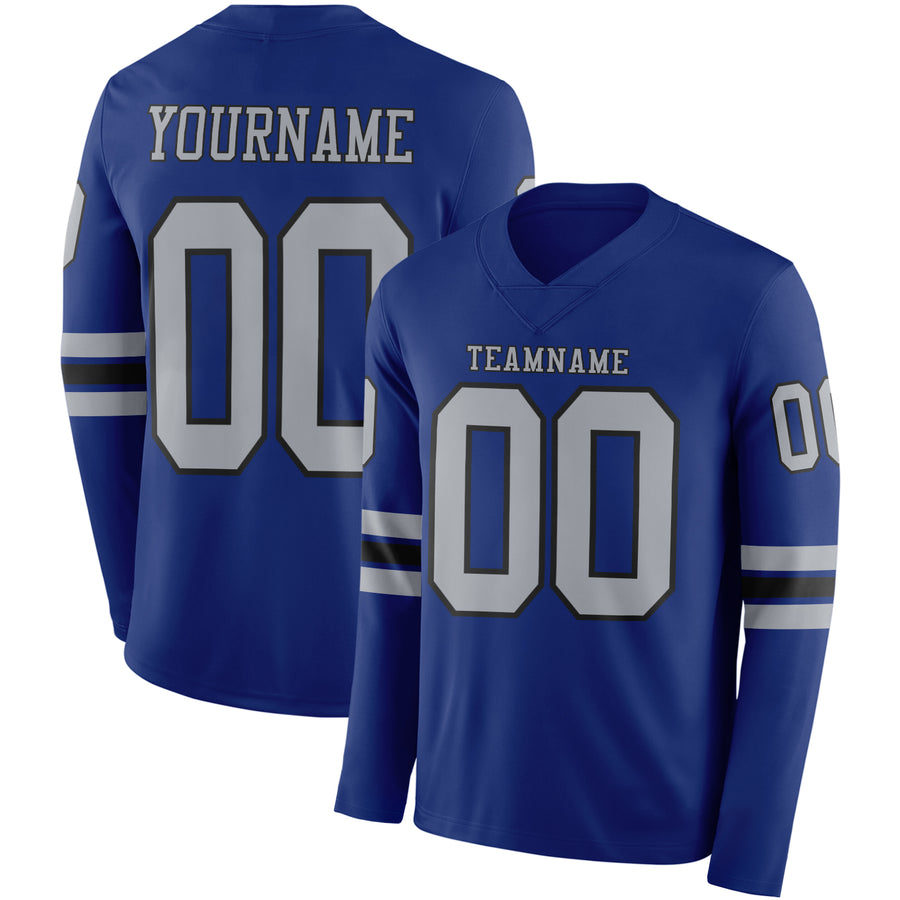 Custom Royal Gray-Black Long Sleeve Authentic Football Jersey