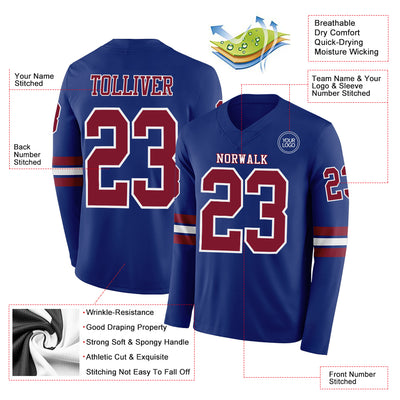 Custom Royal Crimson-White Long Sleeve Authentic Football Jersey