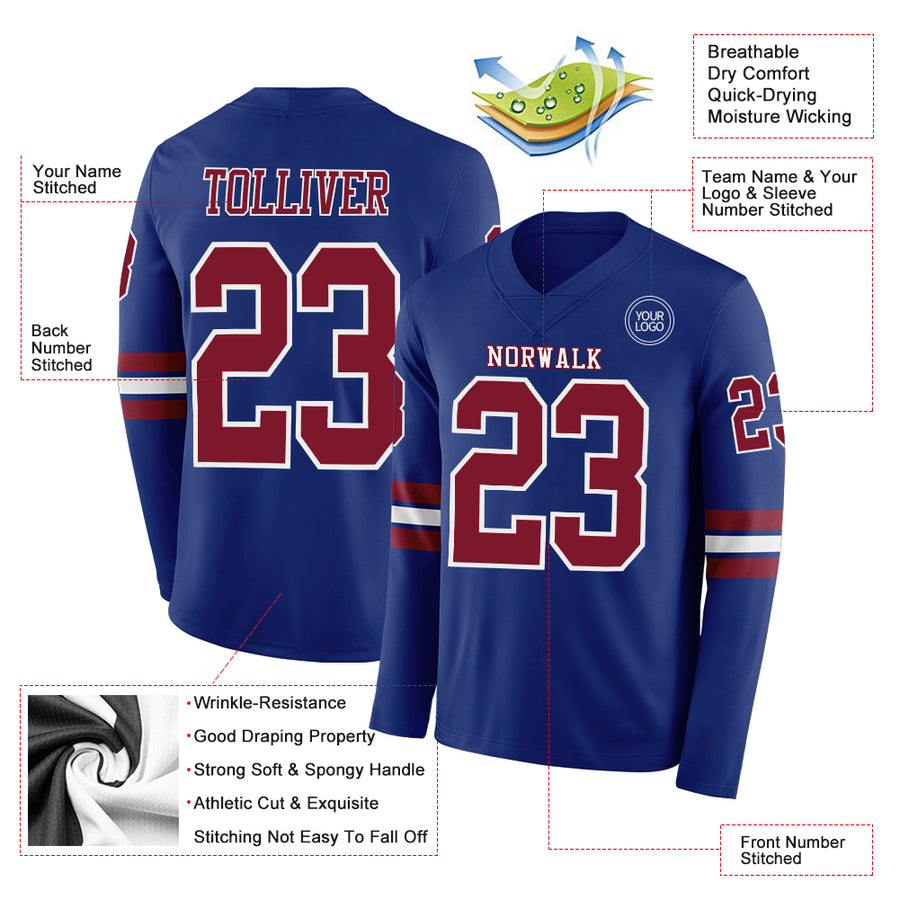 Custom Royal Crimson-White Long Sleeve Authentic Football Jersey