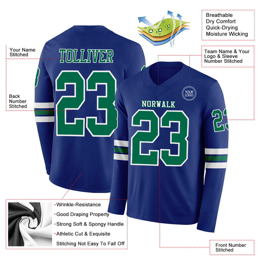 Custom Royal Kelly Green-White Long Sleeve Authentic Football Jersey