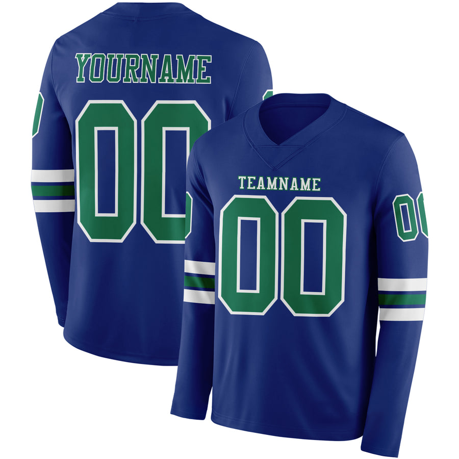 Custom Royal Kelly Green-White Long Sleeve Authentic Football Jersey