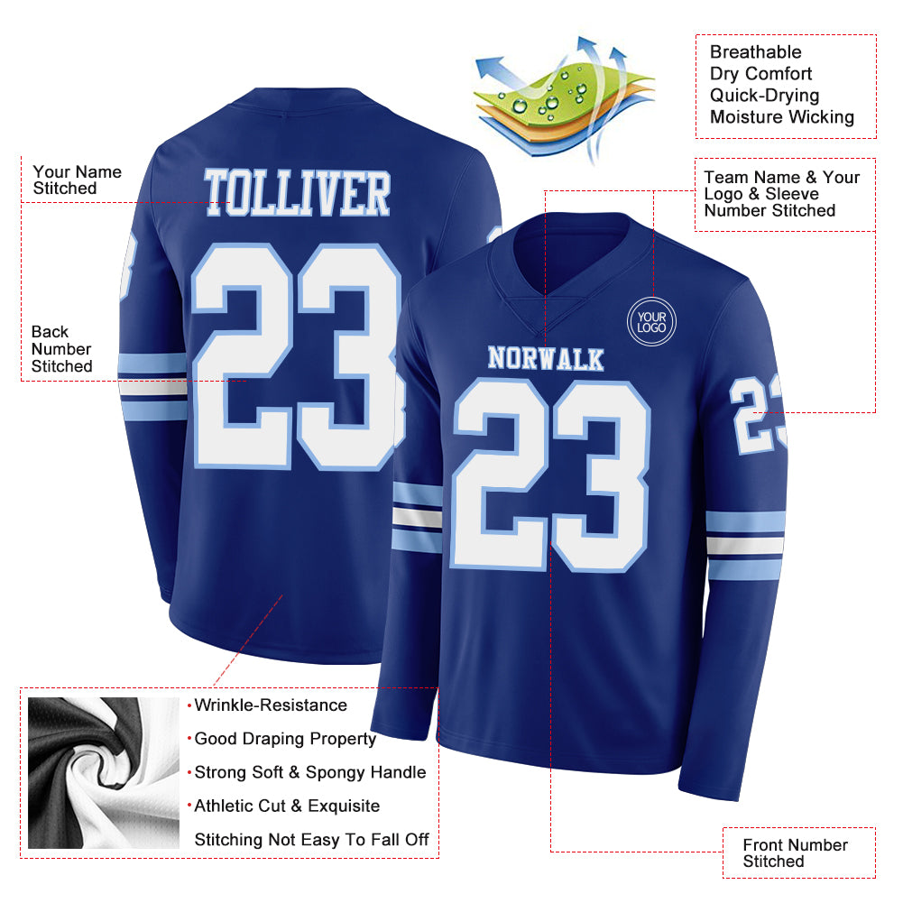 Custom Royal White-Light Blue Long Sleeve Authentic Football Jersey
