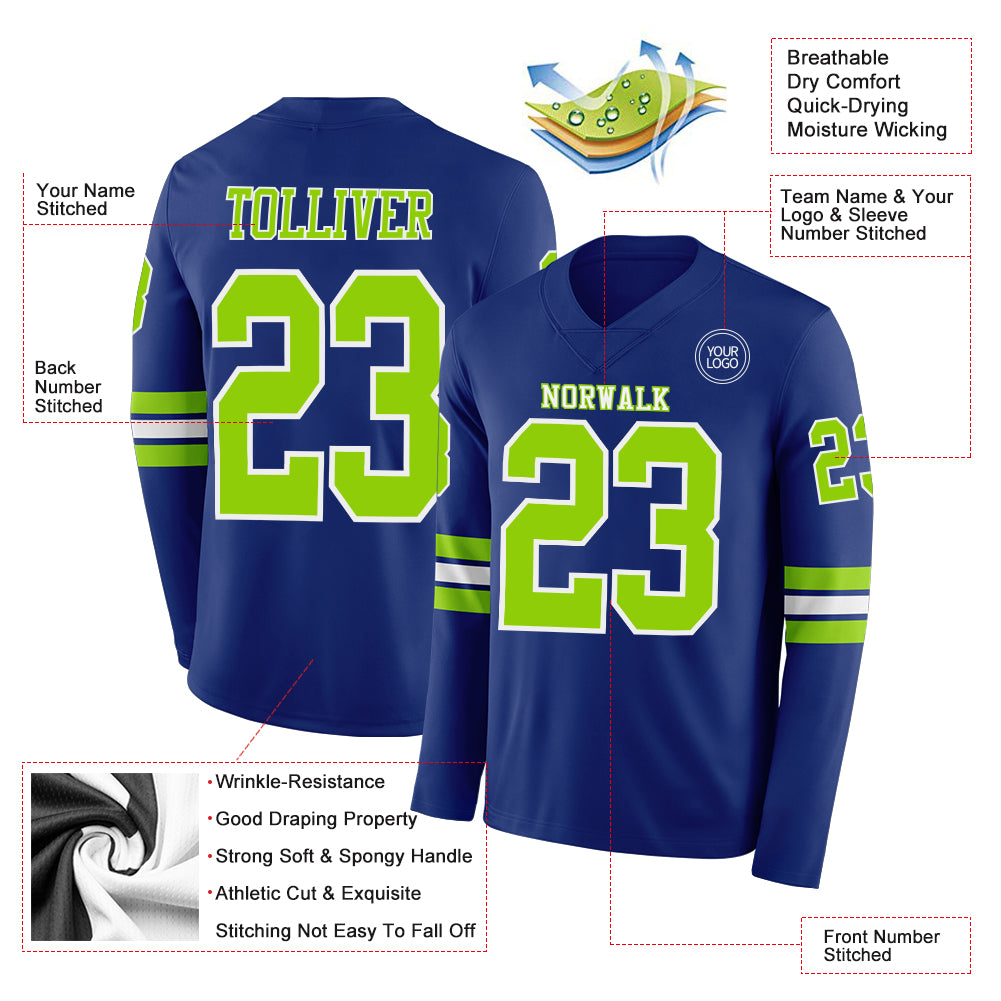 Custom Royal Neon Green-White Long Sleeve Authentic Football Jersey
