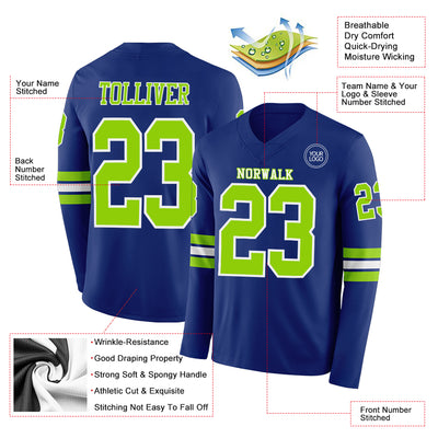 Custom Royal Neon Green-White Long Sleeve Authentic Football Jersey