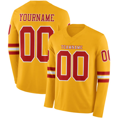 Custom Gold Red-White Long Sleeve Authentic Football Jersey