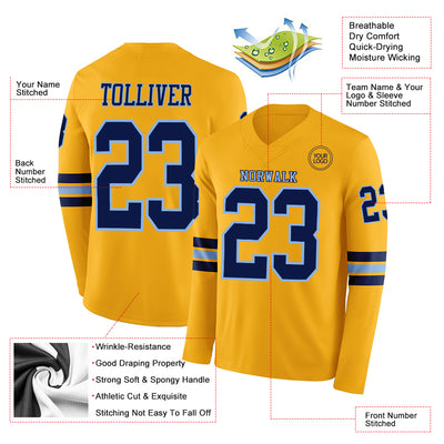 Custom Gold Navy-Light Blue Long Sleeve Authentic Football Jersey