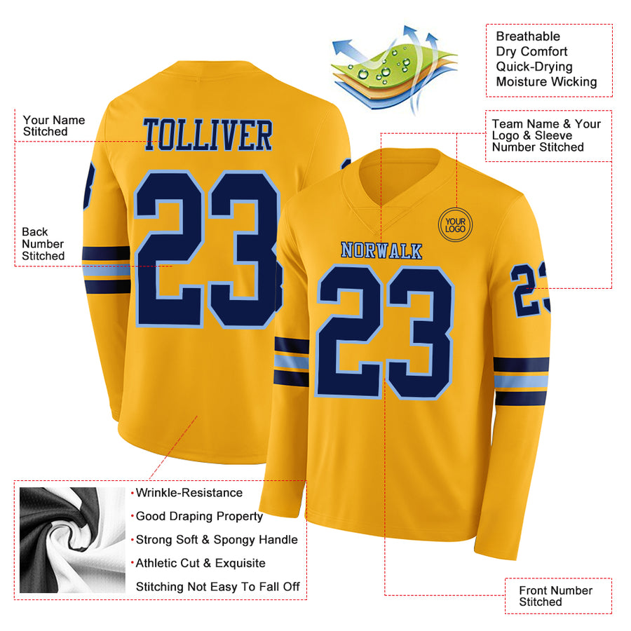 Custom Gold Navy-Light Blue Long Sleeve Authentic Football Jersey