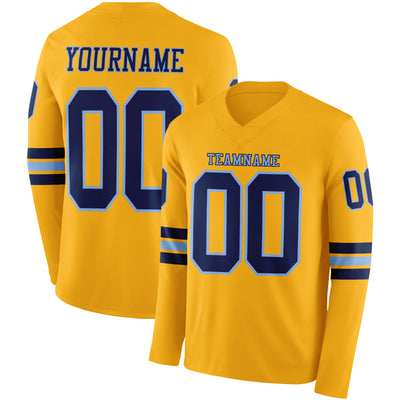 Custom Gold Navy-Light Blue Long Sleeve Authentic Football Jersey