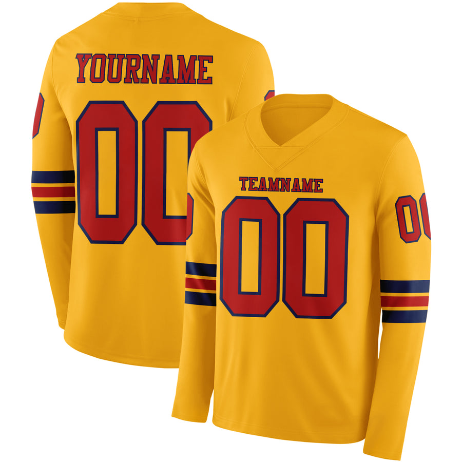 Custom Gold Red-Navy Long Sleeve Authentic Football Jersey