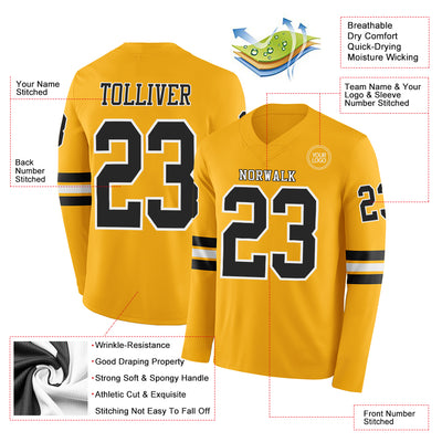 Custom Gold Black-White Long Sleeve Authentic Football Jersey