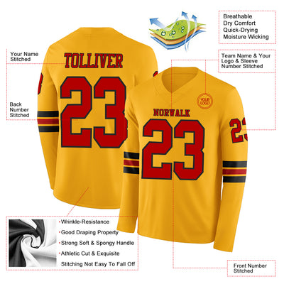 Custom Gold Red-Black Long Sleeve Authentic Football Jersey