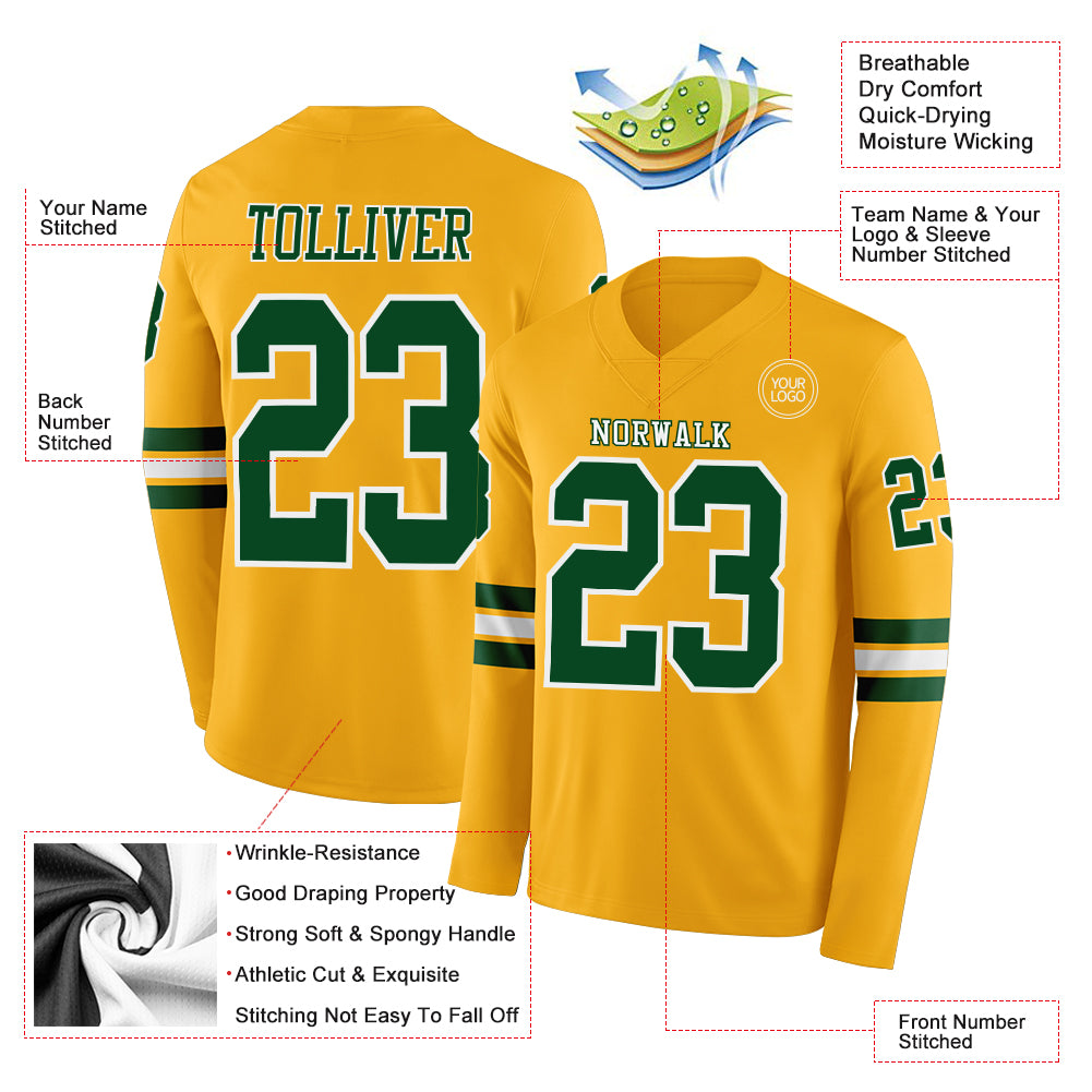 Custom Gold Green-White Long Sleeve Authentic Football Jersey