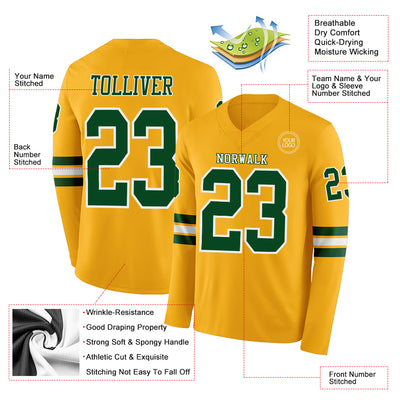 Custom Gold Green-White Long Sleeve Authentic Football Jersey