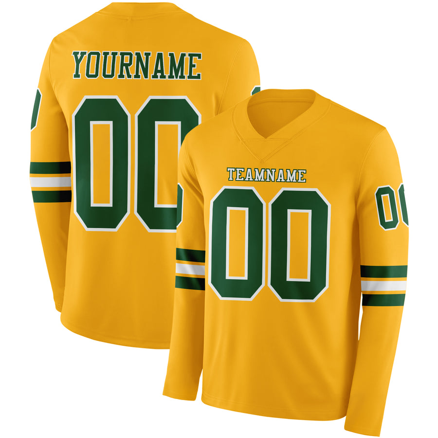 Custom Gold Green-White Long Sleeve Authentic Football Jersey