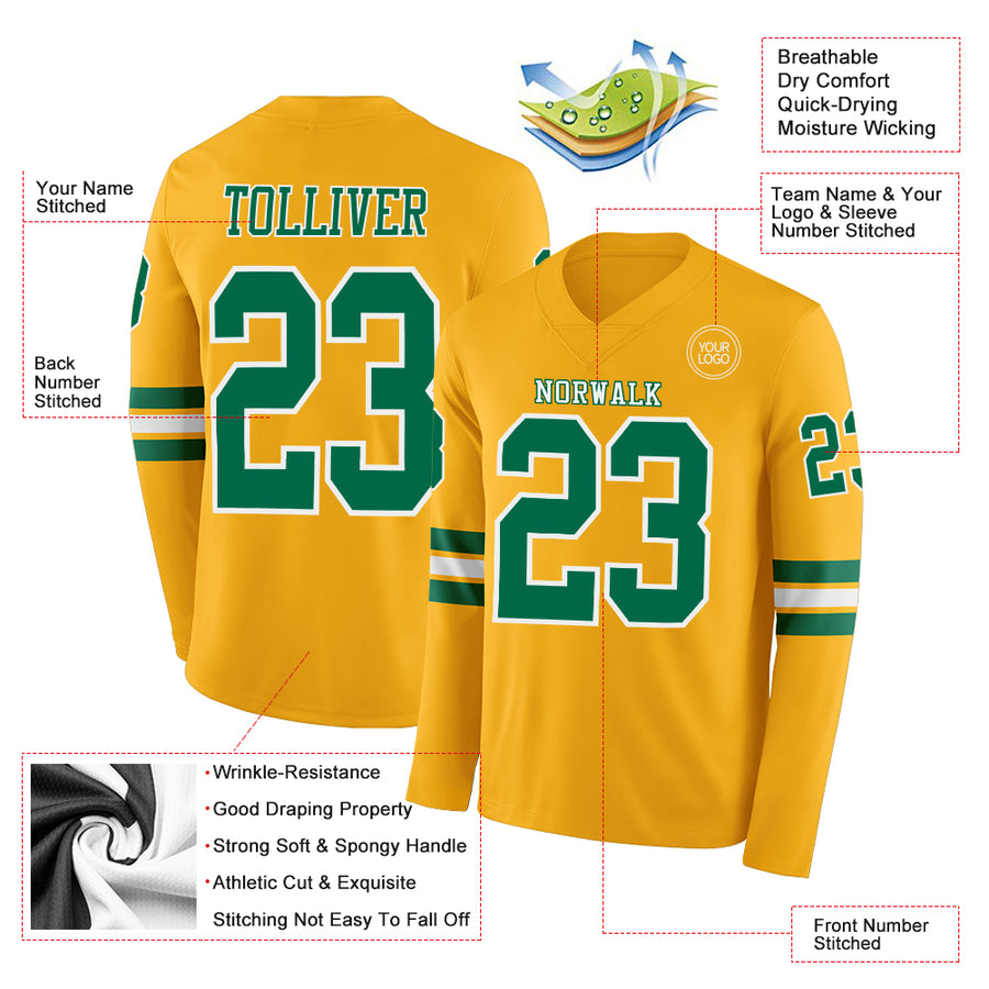 Custom Gold Kelly Green-White Long Sleeve Authentic Football Jersey