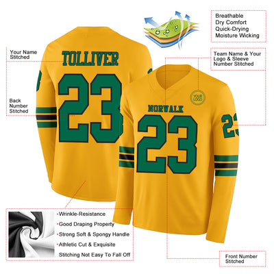 Custom Gold Kelly Green-Black Long Sleeve Authentic Football Jersey
