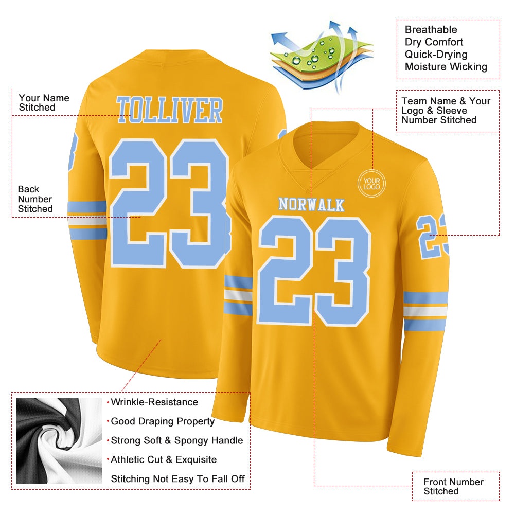 Custom Gold Light Blue-White Long Sleeve Authentic Football Jersey