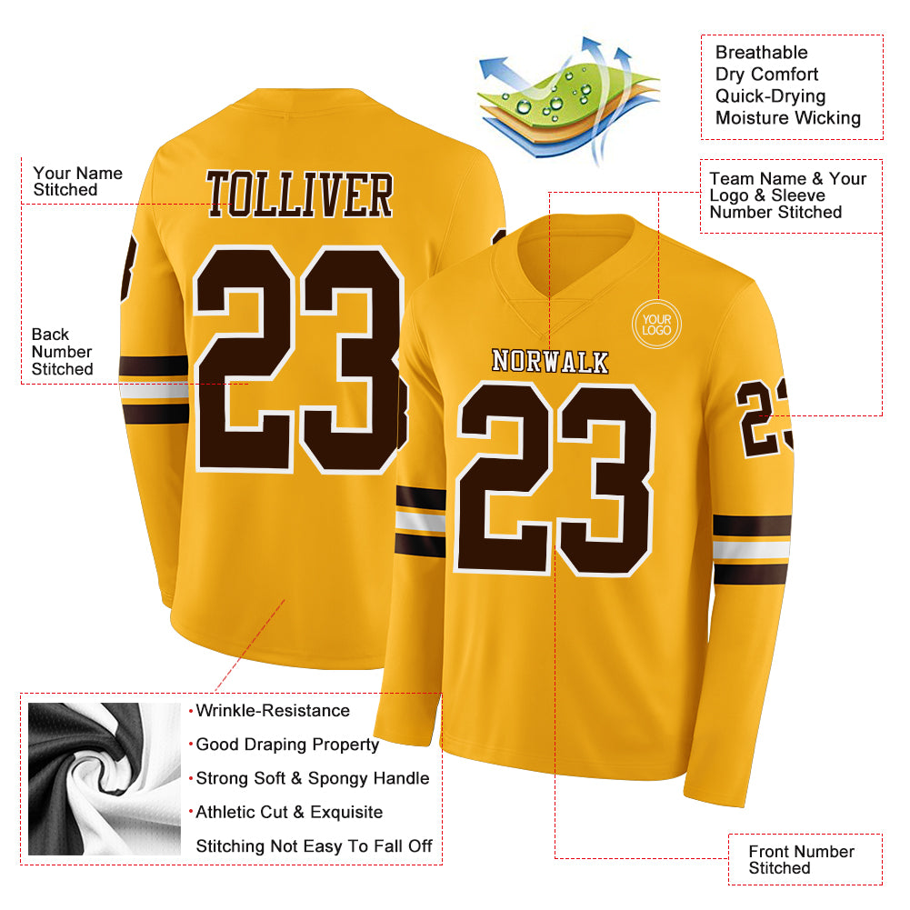 Custom Gold Brown-White Long Sleeve Authentic Football Jersey