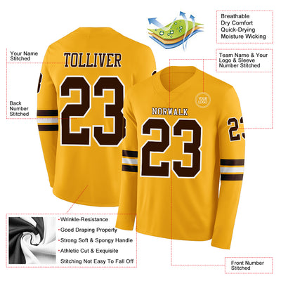 Custom Gold Brown-White Long Sleeve Authentic Football Jersey