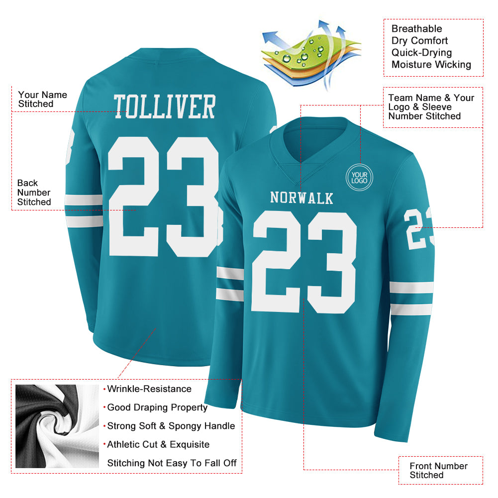 Custom Teal White Long Sleeve Authentic Football Jersey