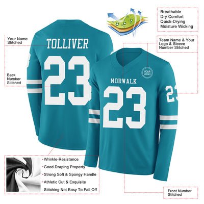 Custom Teal White Long Sleeve Authentic Football Jersey