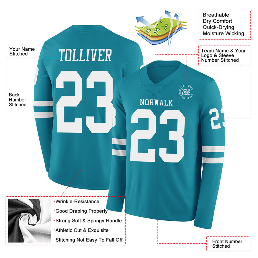 Custom Teal White Long Sleeve Authentic Football Jersey