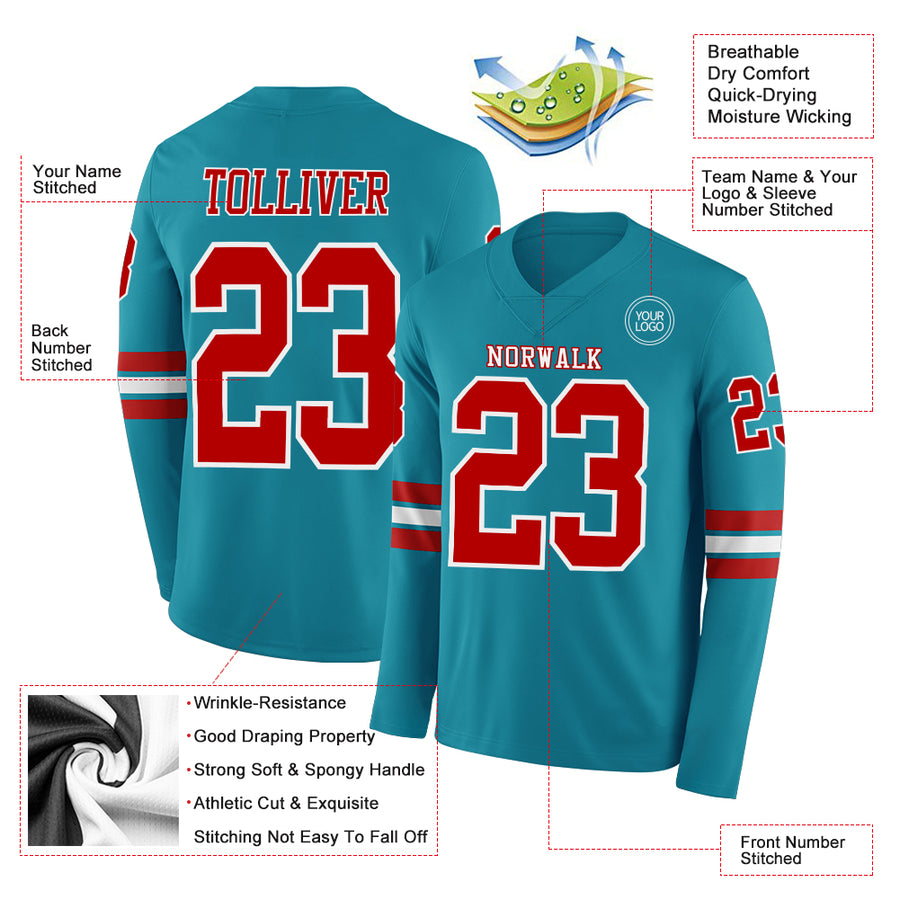 Custom Teal Red-White Long Sleeve Authentic Football Jersey