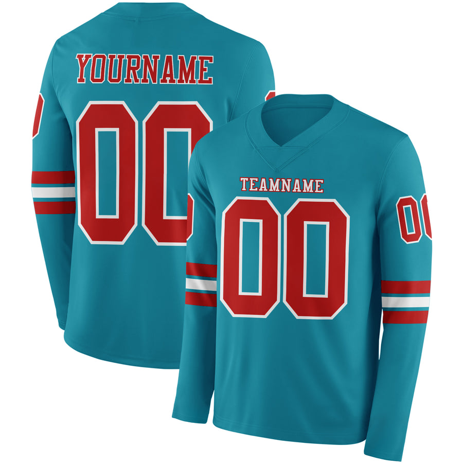 Custom Teal Red-White Long Sleeve Authentic Football Jersey