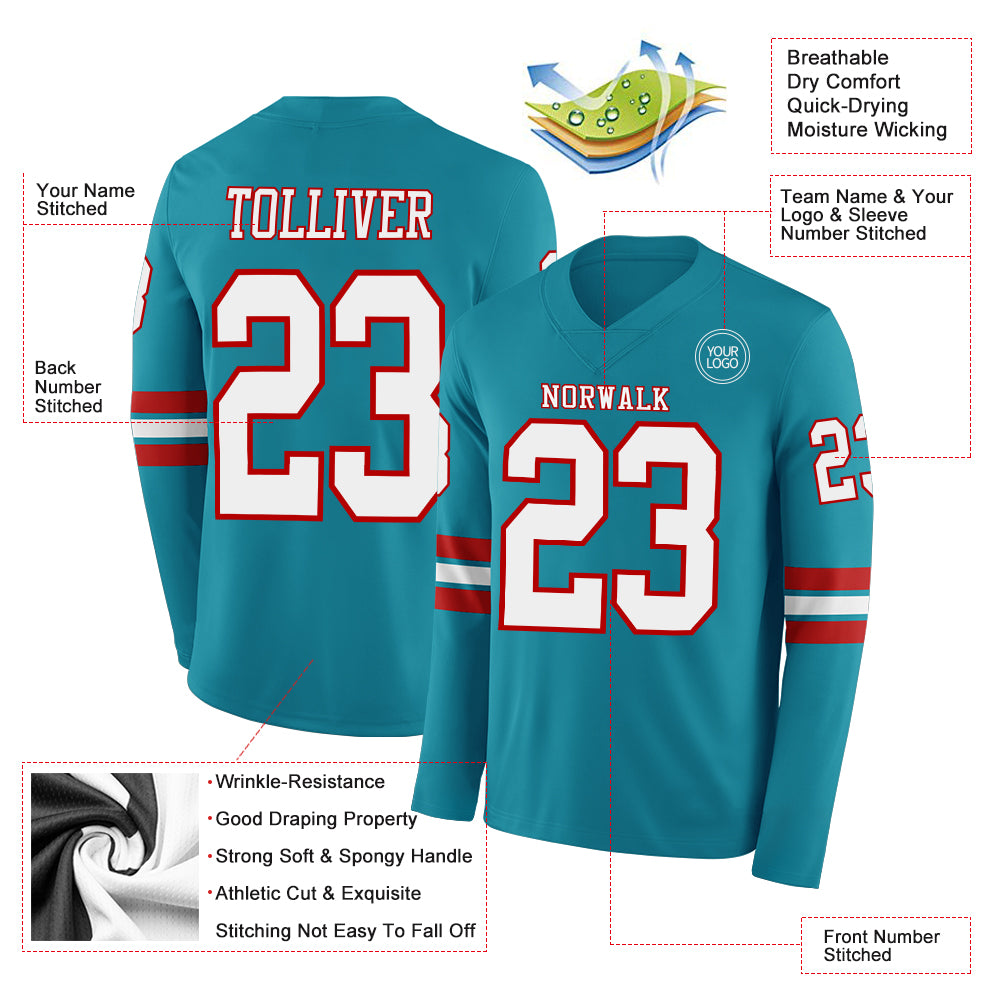 Custom Teal White-Red Long Sleeve Authentic Football Jersey
