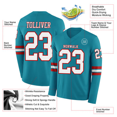 Custom Teal White-Red Long Sleeve Authentic Football Jersey