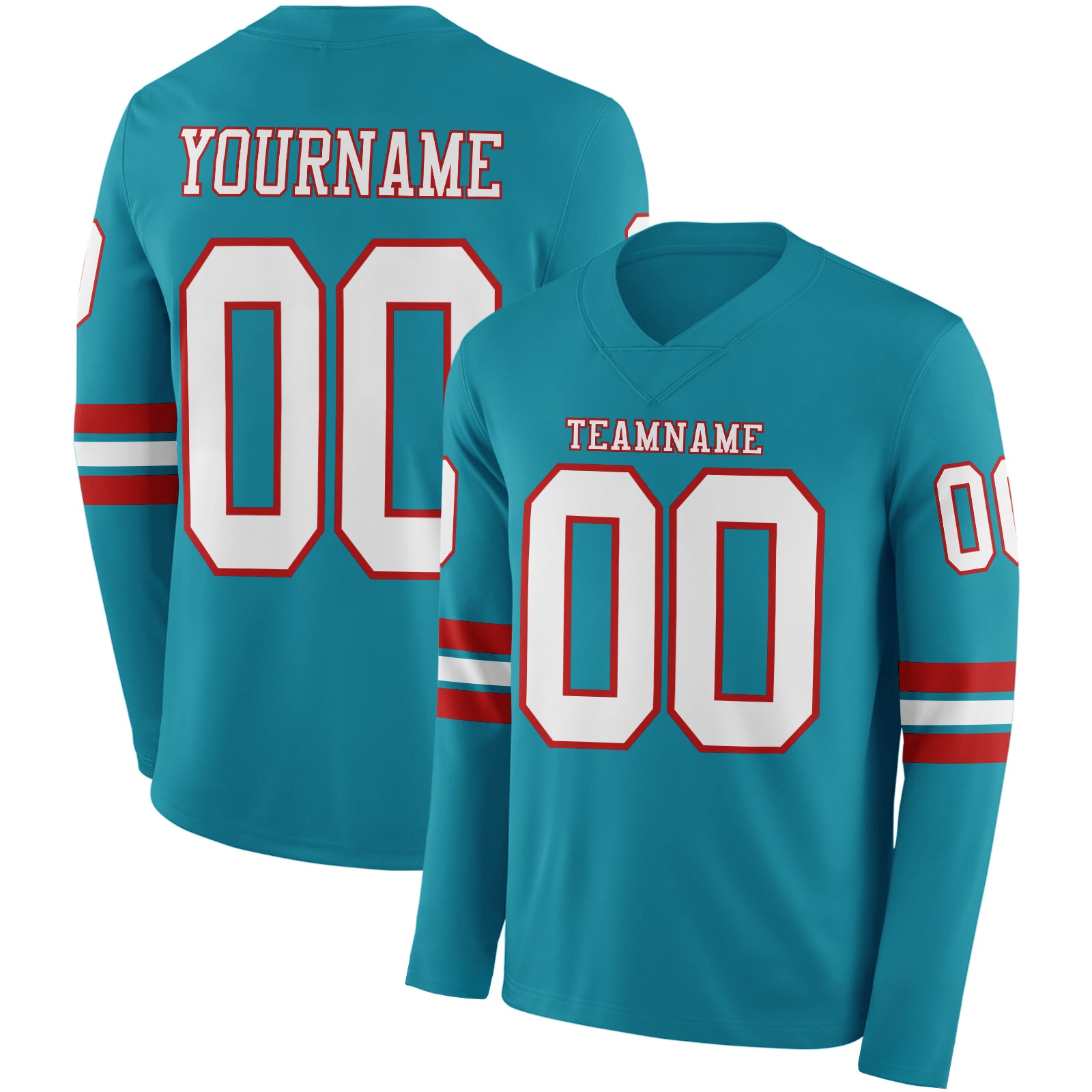 Custom Teal White-Red Long Sleeve Authentic Football Jersey