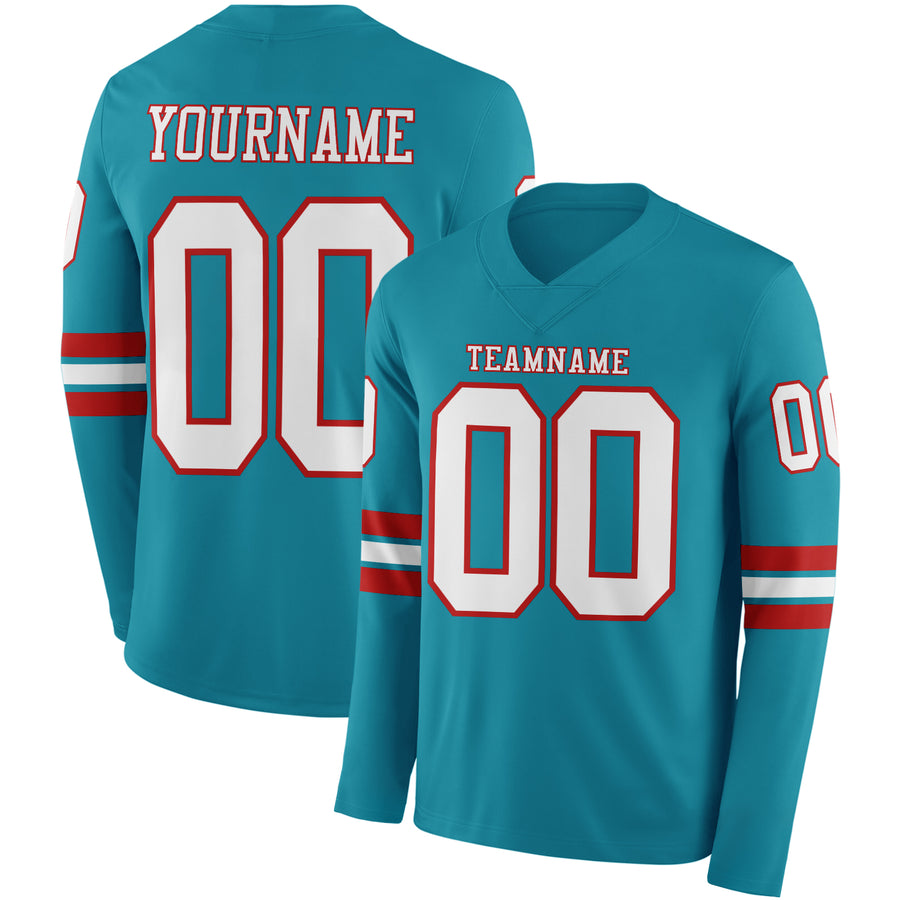 Custom Teal White-Red Long Sleeve Authentic Football Jersey