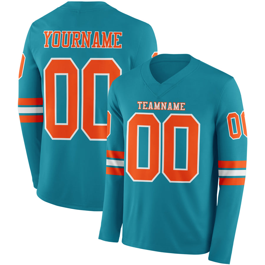 Custom Teal Orange-White Long Sleeve Authentic Football Jersey