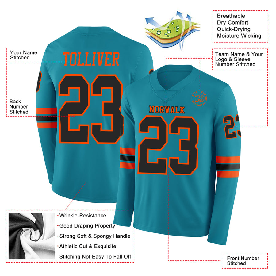 Custom Teal Black-Orange Long Sleeve Authentic Football Jersey