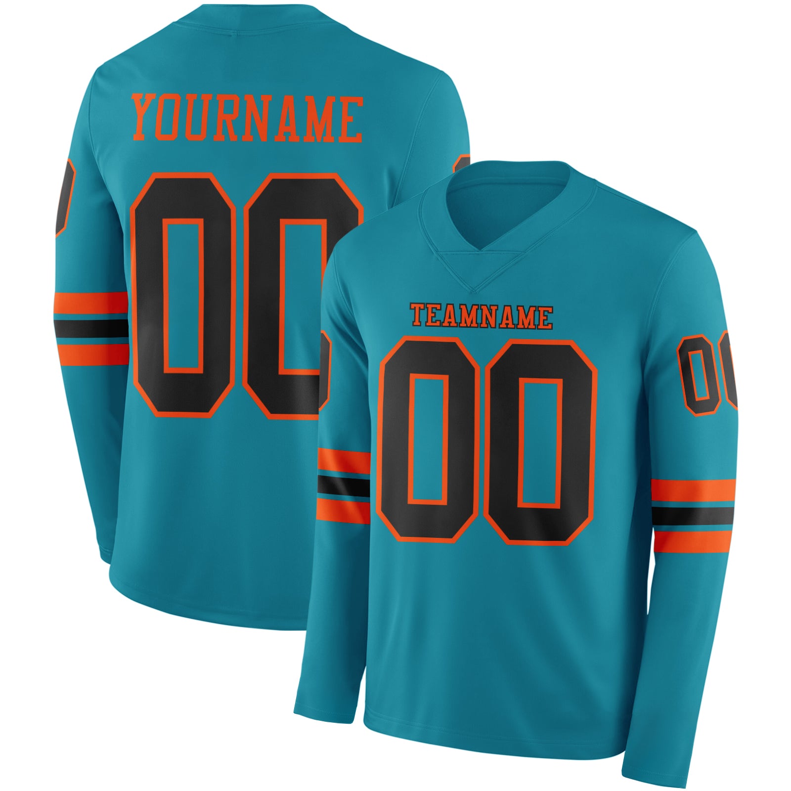 Custom Teal Black-Orange Long Sleeve Authentic Football Jersey
