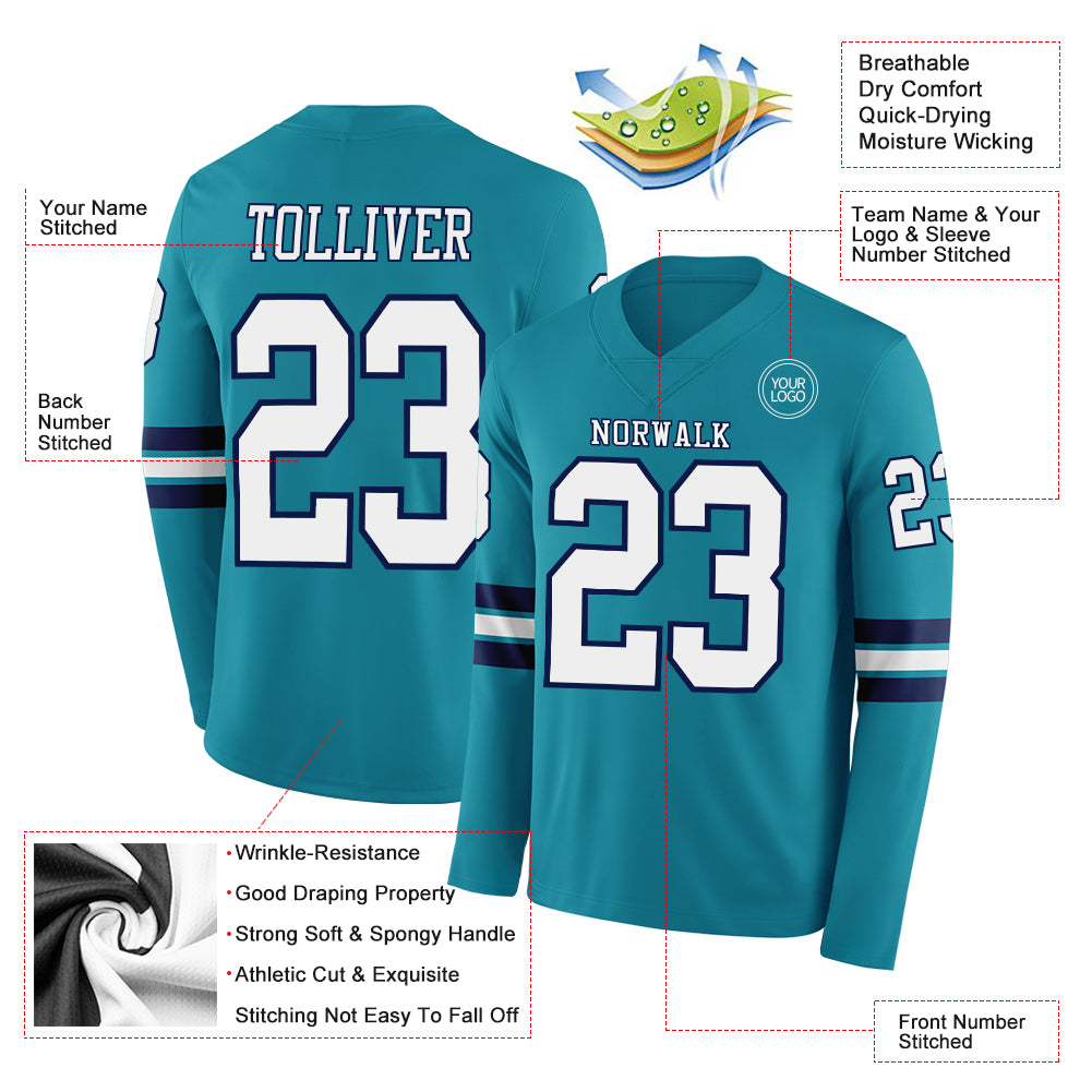 Custom Teal White-Navy Long Sleeve Authentic Football Jersey