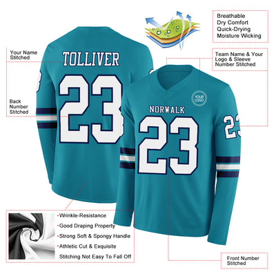 Custom Teal White-Navy Long Sleeve Authentic Football Jersey